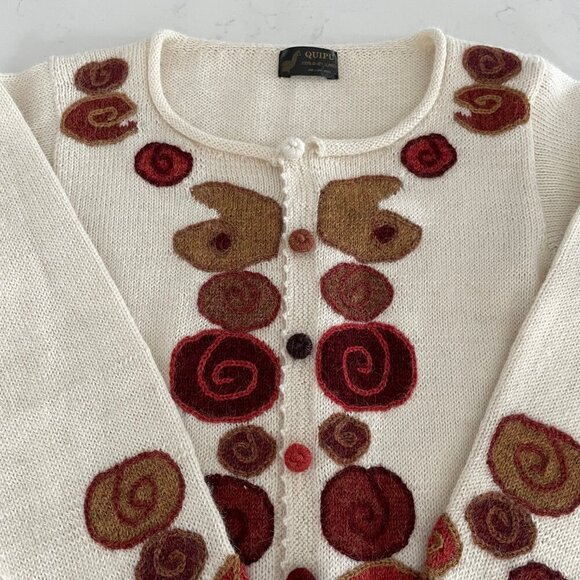Quipu 100% Baby Alpaca Scoop Nk Knit Cardigan Funky Retro Vibes Cream Multi XS/S - Picture 10 of 12